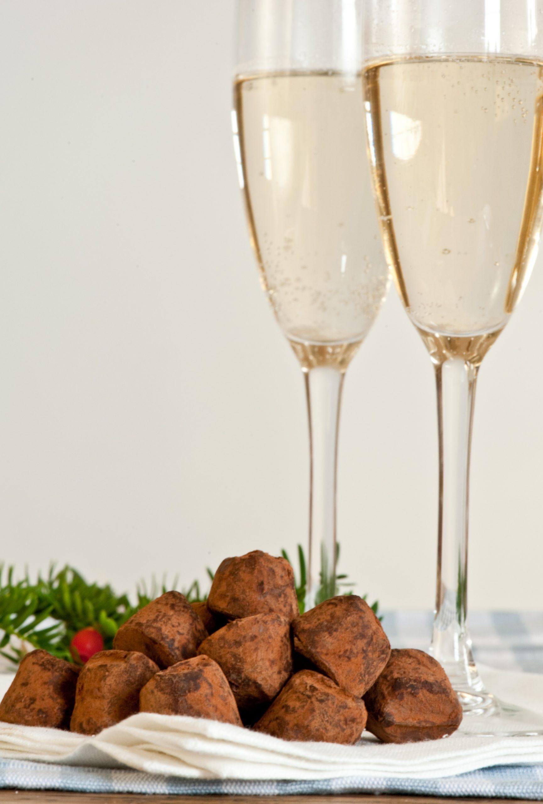 Champagne in Glasses and Chocolate Truffles