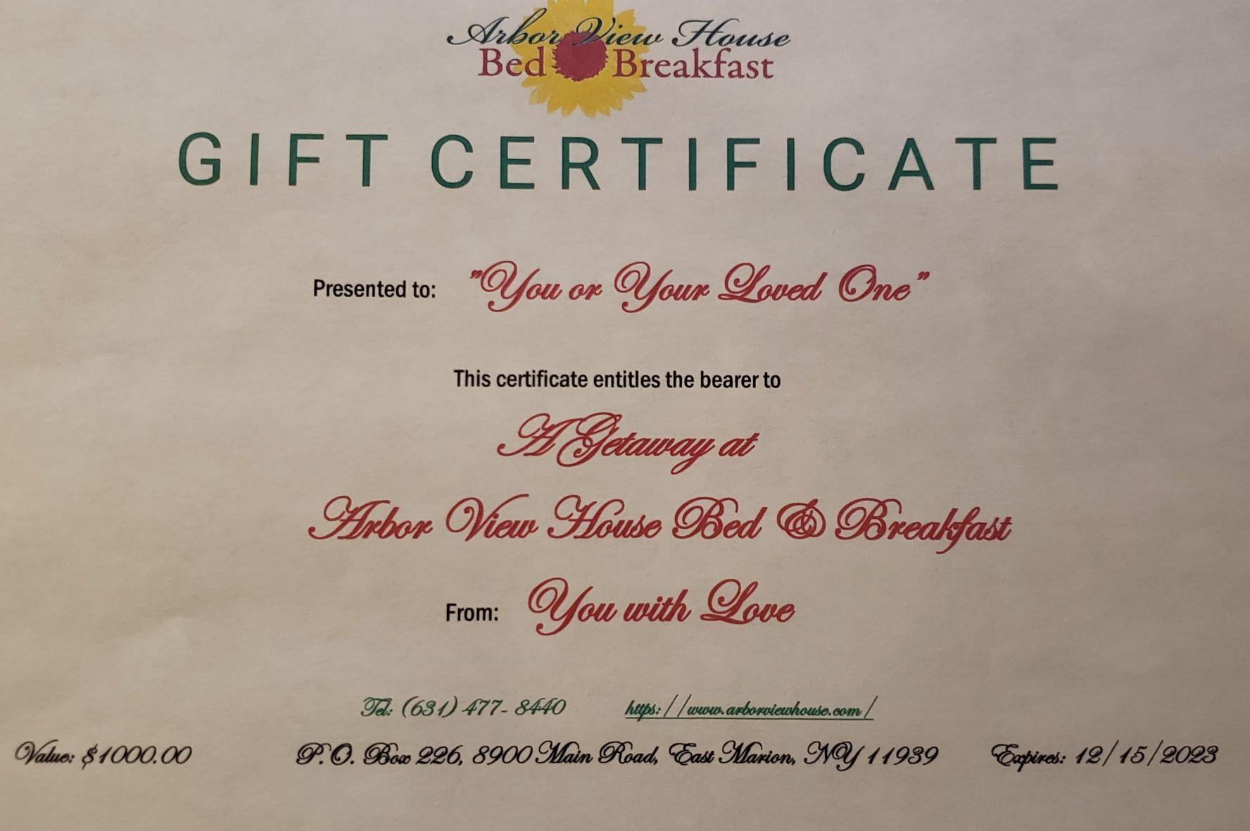 Long Island Bed And Breakfast Gift Certificates